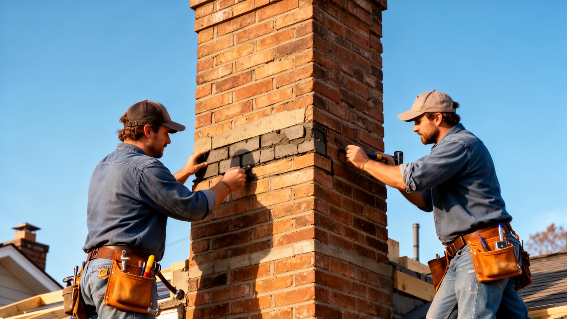 Karbella Construction masons tuckpointing a brick chimney in Northeast Ohio