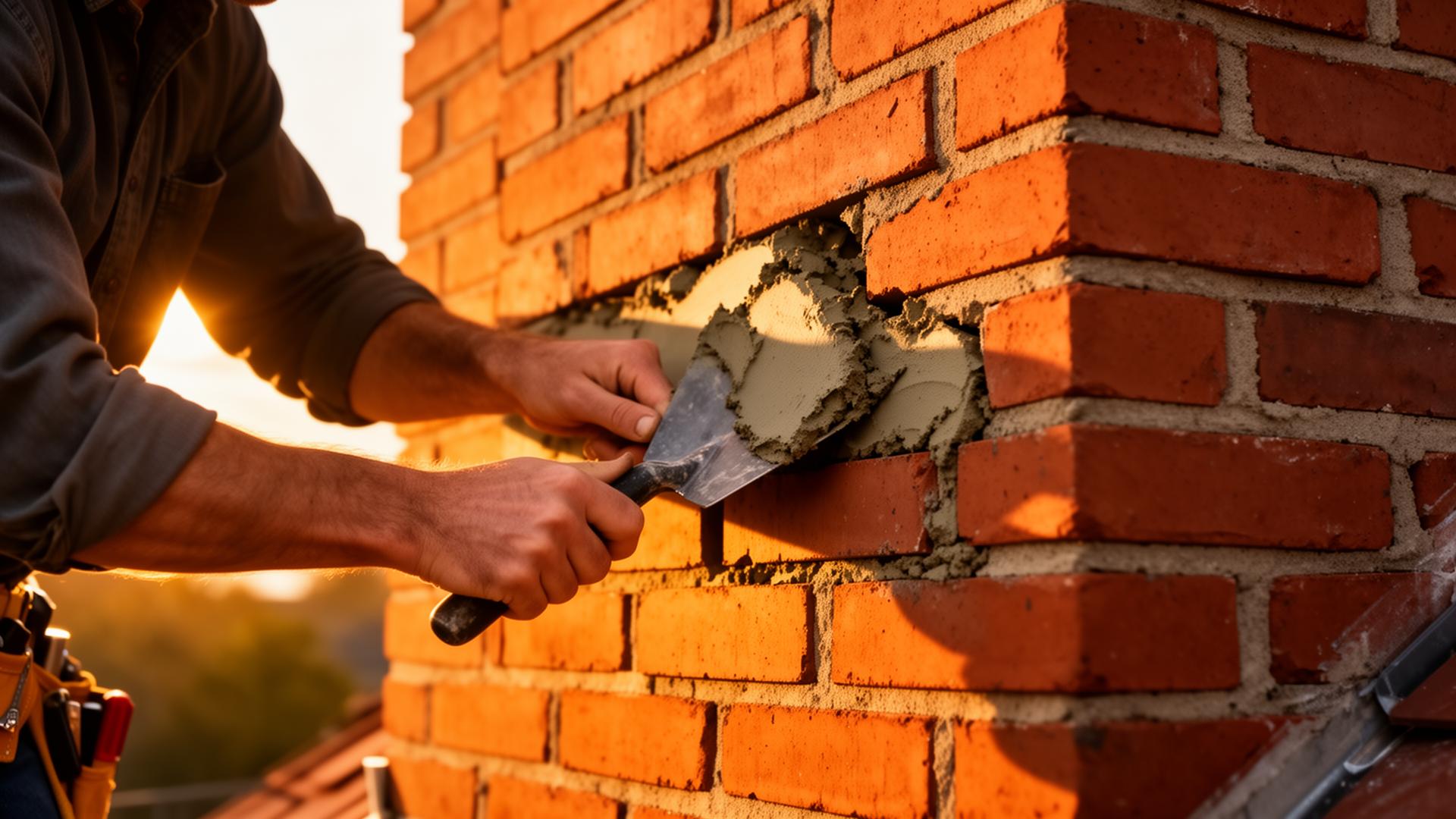 Skilled mason tuckpointing a brick chimney at golden hour